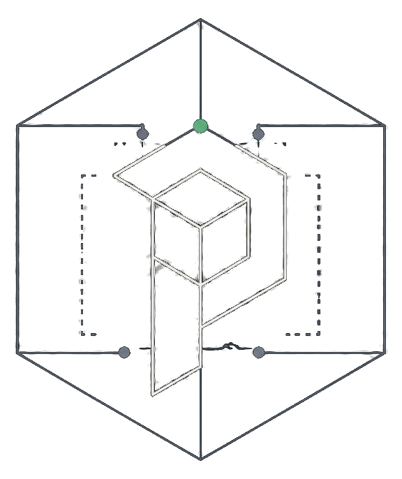 ProvenyxRD mark: an isometric letter P inside a hexagonal frame, with one connection node highlighted as confirmed.